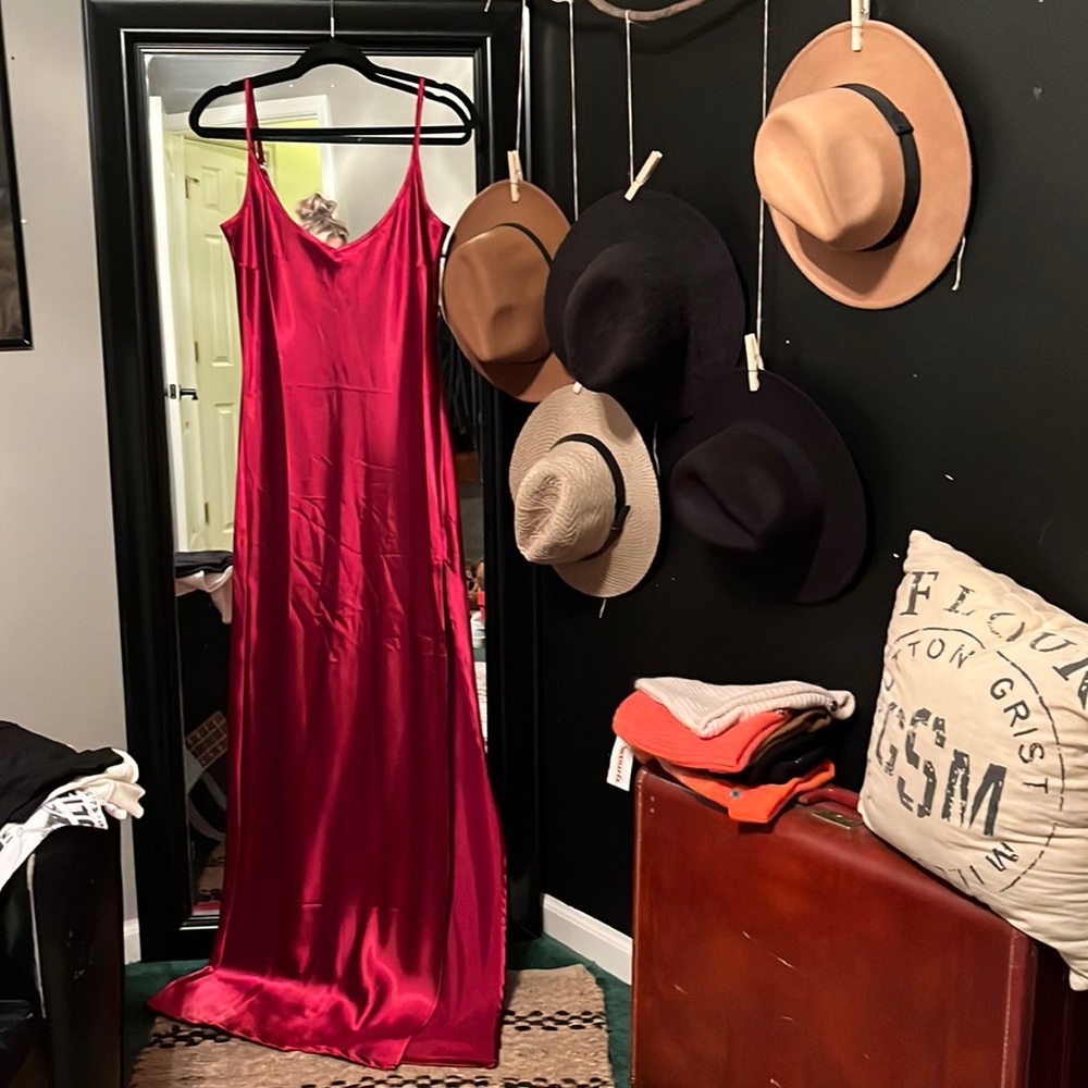 Wine silky strap long slip dress